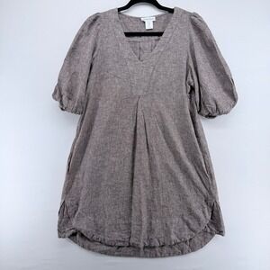 Cynthia Rowley Womens Brown Linen Blend Puff Sleeve V-Neck Shift Dress Size 8